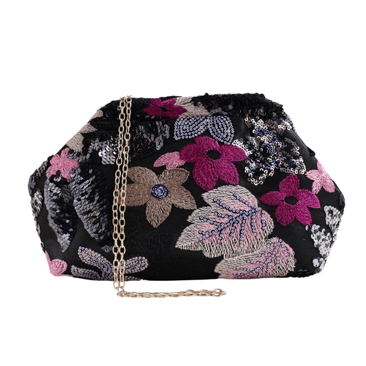 Bolsa Pouch Festa Clutch Flores Bordadas Preta