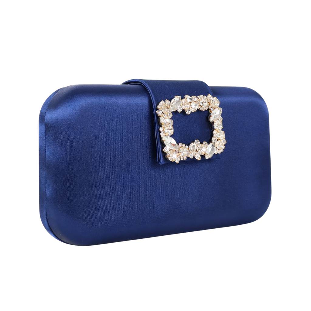 Bolsa Clutch Festa Cetim e Fecho de Pedraria Azul Marinho