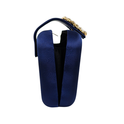 Bolsa Clutch Festa Cetim e Fecho de Pedraria Azul Marinho