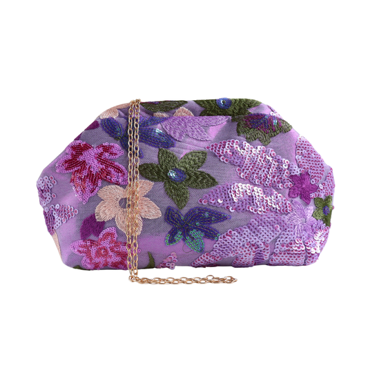 Bolsa Pouch Festa Clutch Flores Bordadas Lilás
