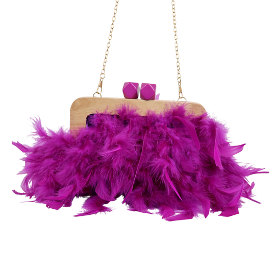 Bolsa de Festa Clutch Madeira e Plumas Sintéticas Roxa