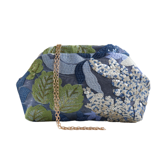 Bolsa Pouch Festa Clutch Flores Bordadas Azul