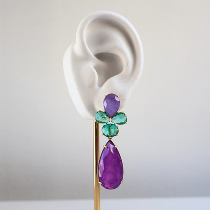 Brinco Dourado e Cristal Roxo e Verde - Semijoia