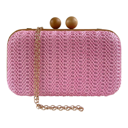 Bolsa de Festa Clutch Madeira e Palha da Índia Rosa Bebê