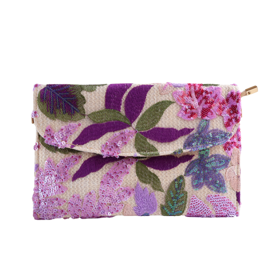 Bolsa Carteira Envelope de Bordada Paetê Floral Lilás