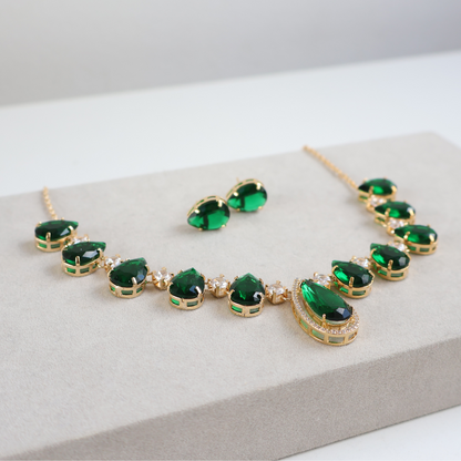 Kit Colar e Brinco - Cristal Verde Esmeralda - Dourado