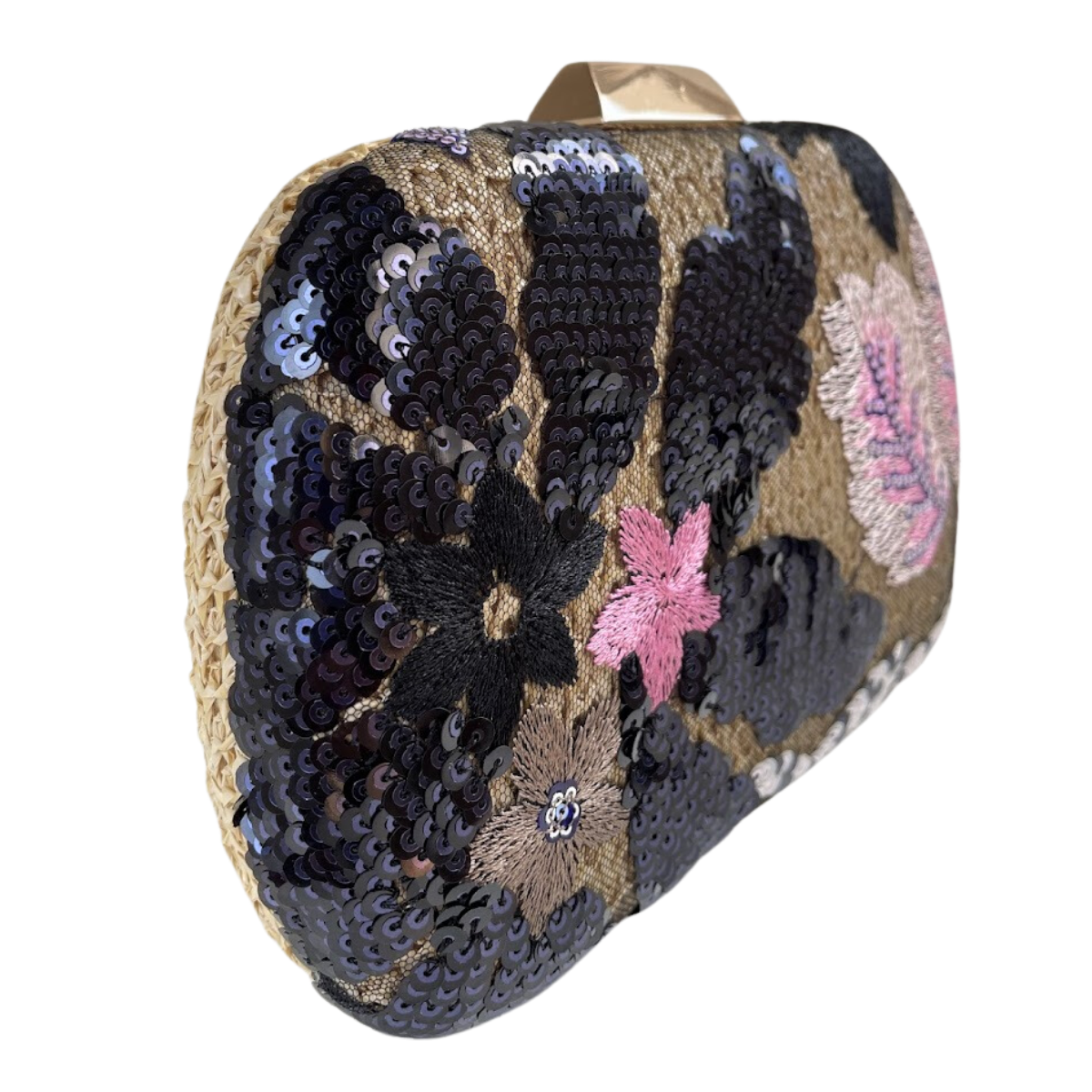 Bolsa Clutch Festa Palha Bordada Flores Preto Rosa