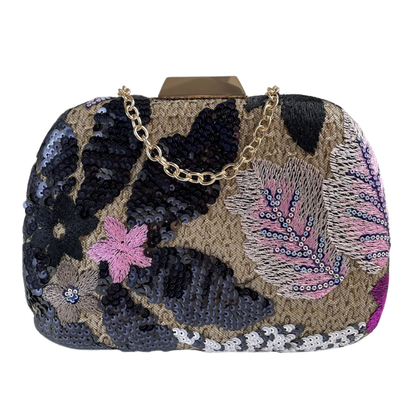 Bolsa Clutch Festa Palha Bordada Flores Preto Rosa