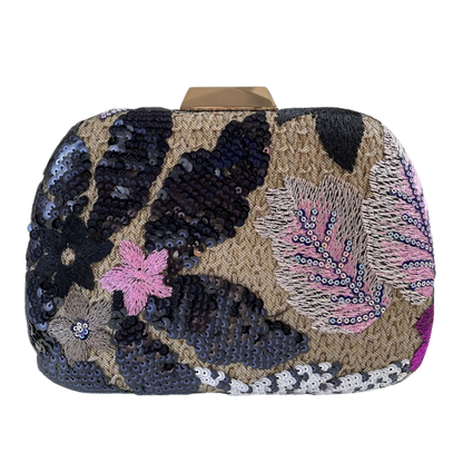 Bolsa Clutch Festa Palha Bordada Flores Preto Rosa