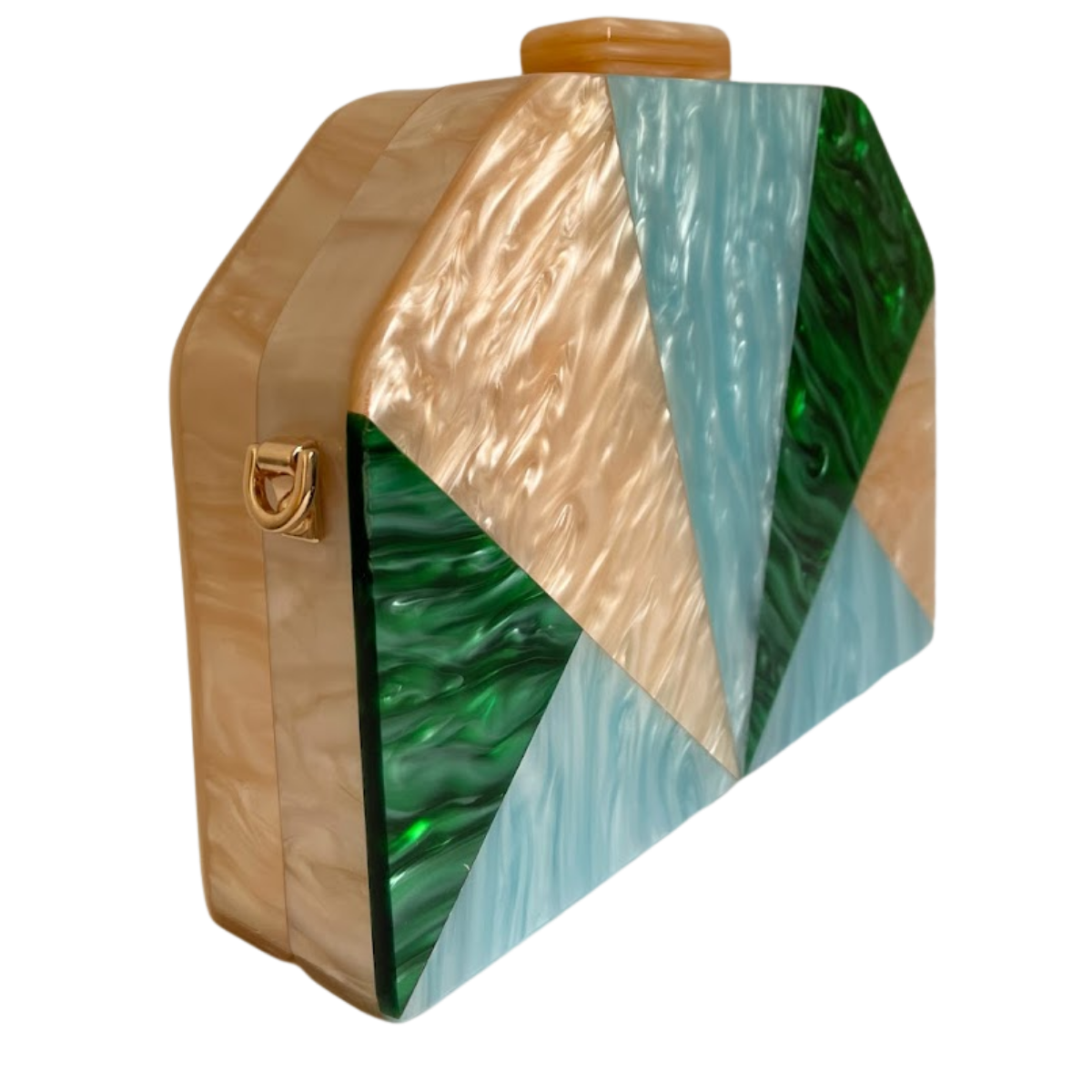 Bolsa de Festa Clutch Acrílico Trapezoidal Bege, Azul e Verde
