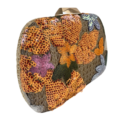 Bolsa Clutch Festa Palha Bordada Flores Bege Laranja