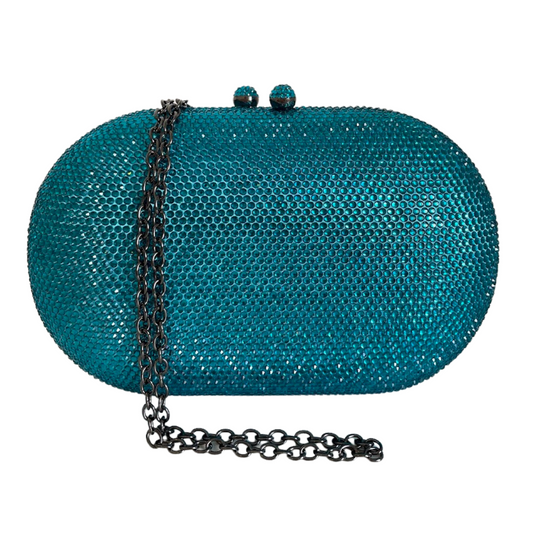 Bolsa Festa Clutch Pedraria Strass Oval Azul Turquesa Escuro