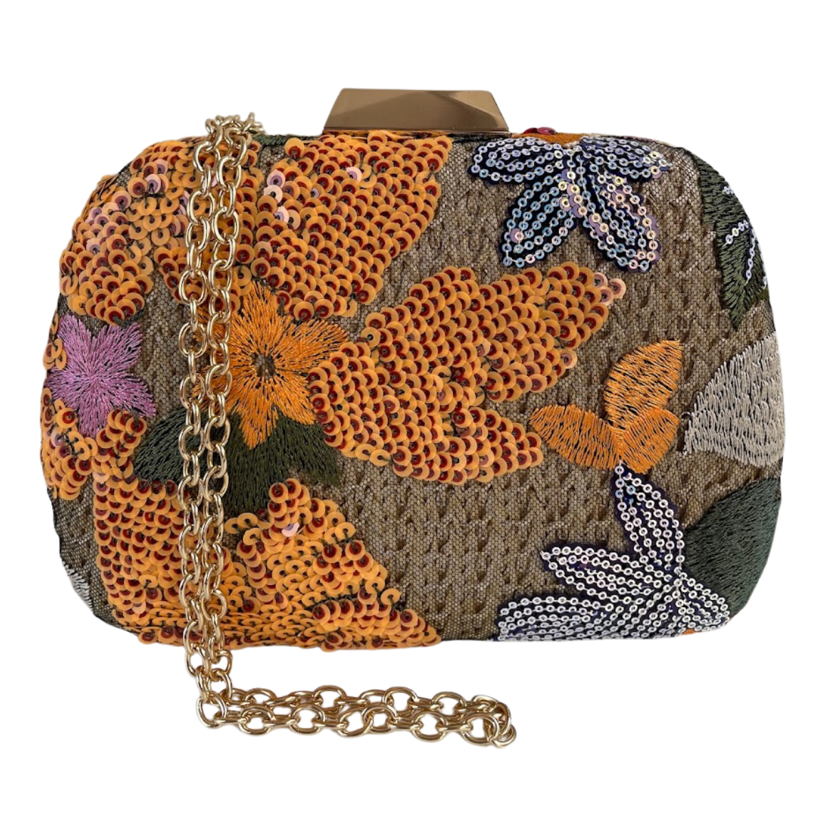 Bolsa Clutch Festa Palha Bordada Flores Bege Laranja