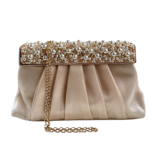 Bolsa de Festa Clutch Tecido Perolas Nude