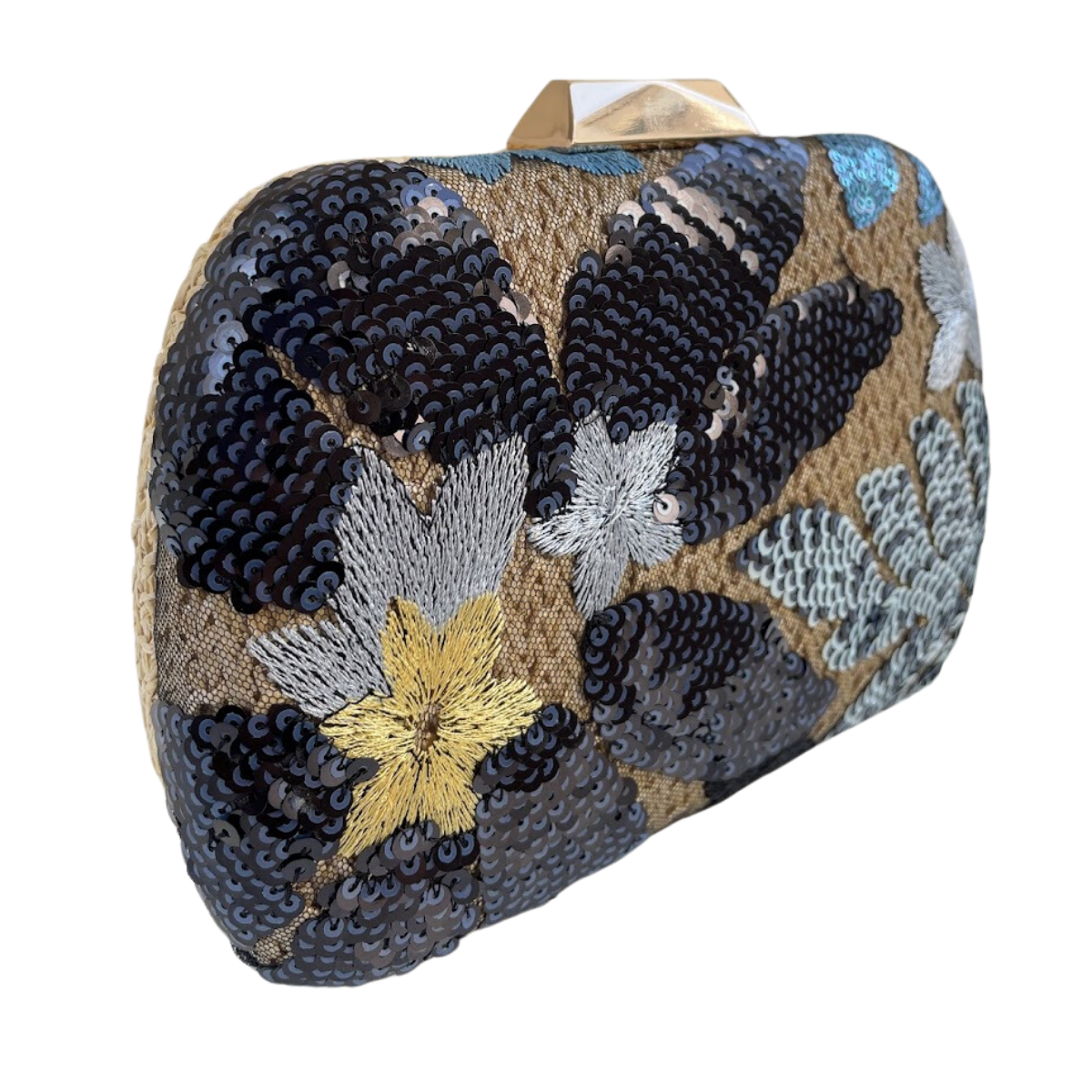 Bolsa Clutch Festa Palha Bordada Flores Azul Marinho Amarelo