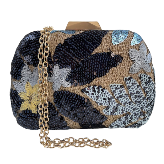 Bolsa Clutch Festa Palha Bordada Flores Azul Marinho Amarelo