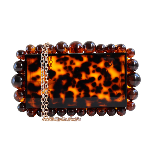 Bolsa de Festa Clutch Acrílico Bolas Marrom Animal Print
