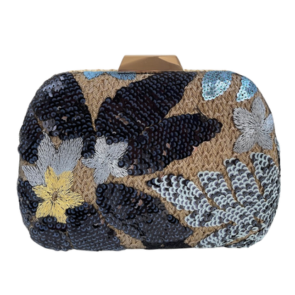 Bolsa Clutch Festa Palha Bordada Flores Azul Marinho Amarelo