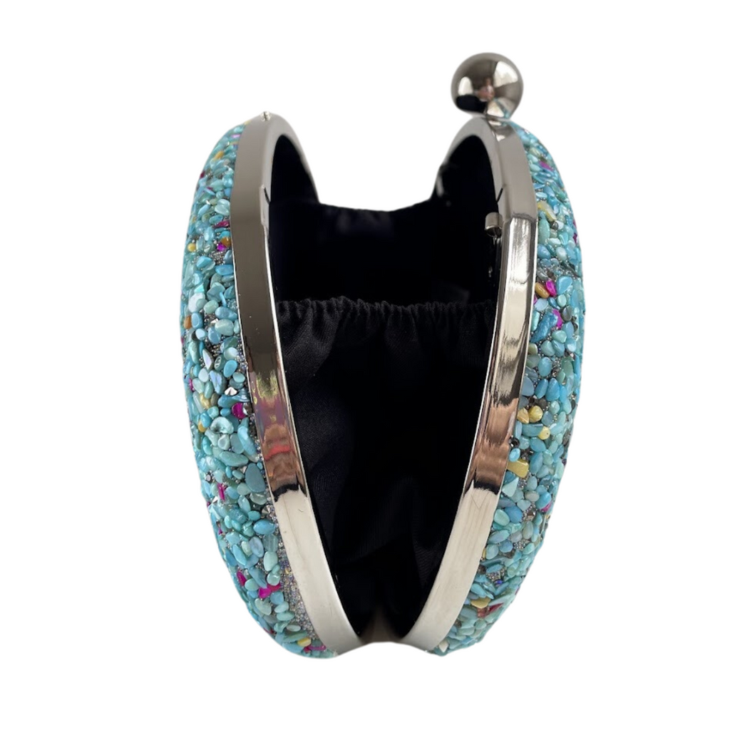 Bolsa Festa Clutch Pedraria Azul Turquesa Oval - Ferragem Prata