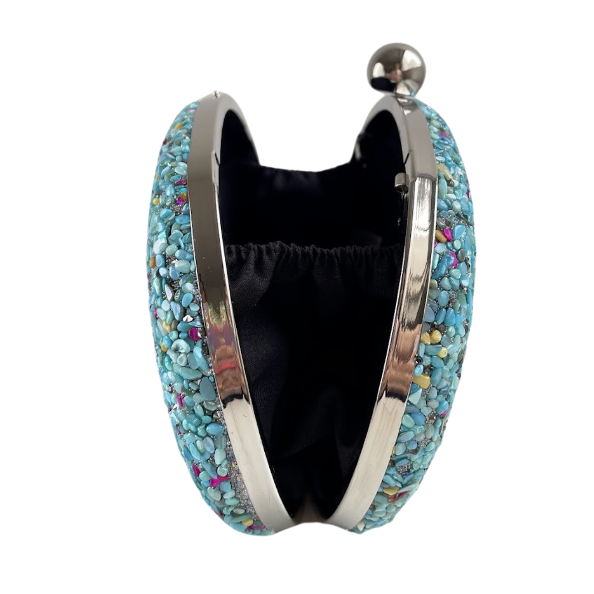 Bolsa Festa Clutch Pedraria Azul Turquesa Oval - Ferragem Prata