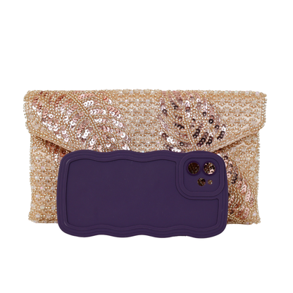 Bolsa Carteira Envelope de Bordada Vidrilhos Champagne