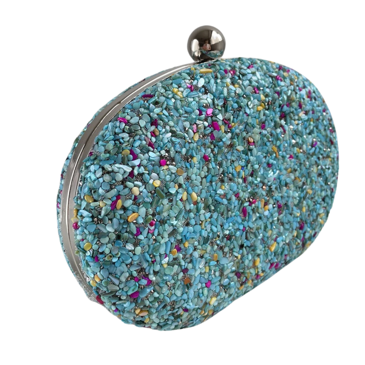 Bolsa Festa Clutch Pedraria Azul Turquesa Oval - Ferragem Prata
