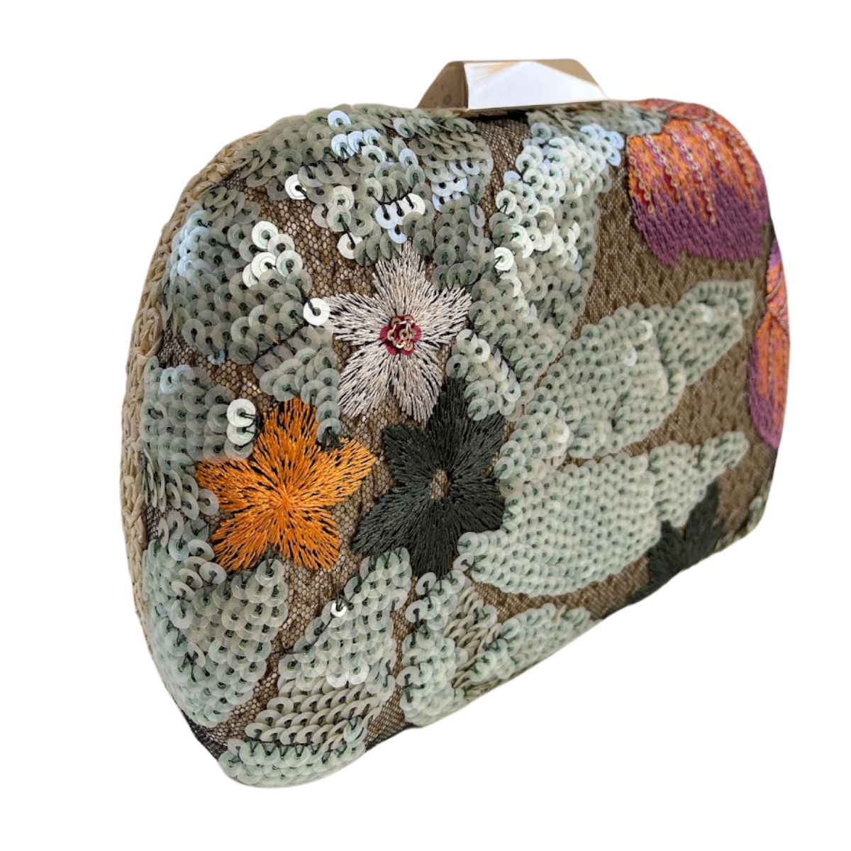 Bolsa Clutch Festa Palha Bordada Flores Verde Laranja