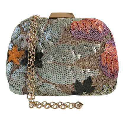 Bolsa Clutch Festa Palha Bordada Flores Verde Laranja