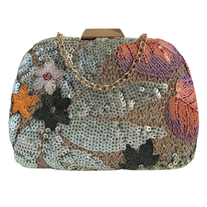 Bolsa Clutch Festa Palha Bordada Flores Verde Laranja