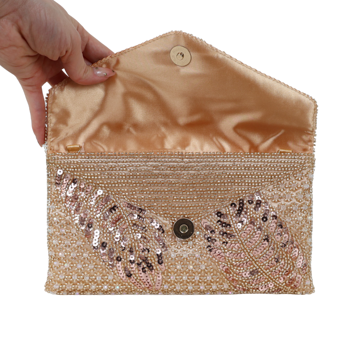 Bolsa Carteira Envelope de Bordada Vidrilhos Champagne