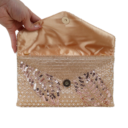 Bolsa Carteira Envelope de Bordada Vidrilhos Champagne