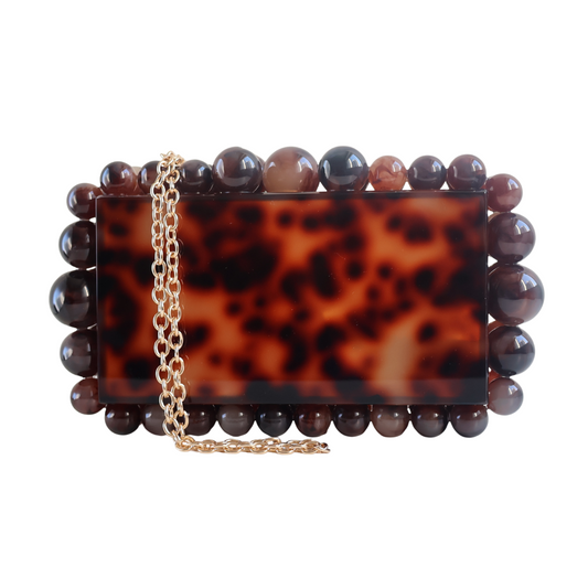 Bolsa de Festa Clutch Acrílico Bolas Marrom Animal Print Fosca