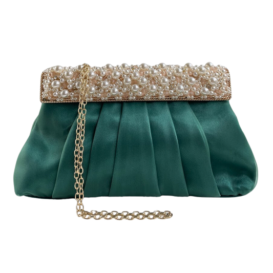 Bolsa de Festa Clutch Tecido Perolas Verde