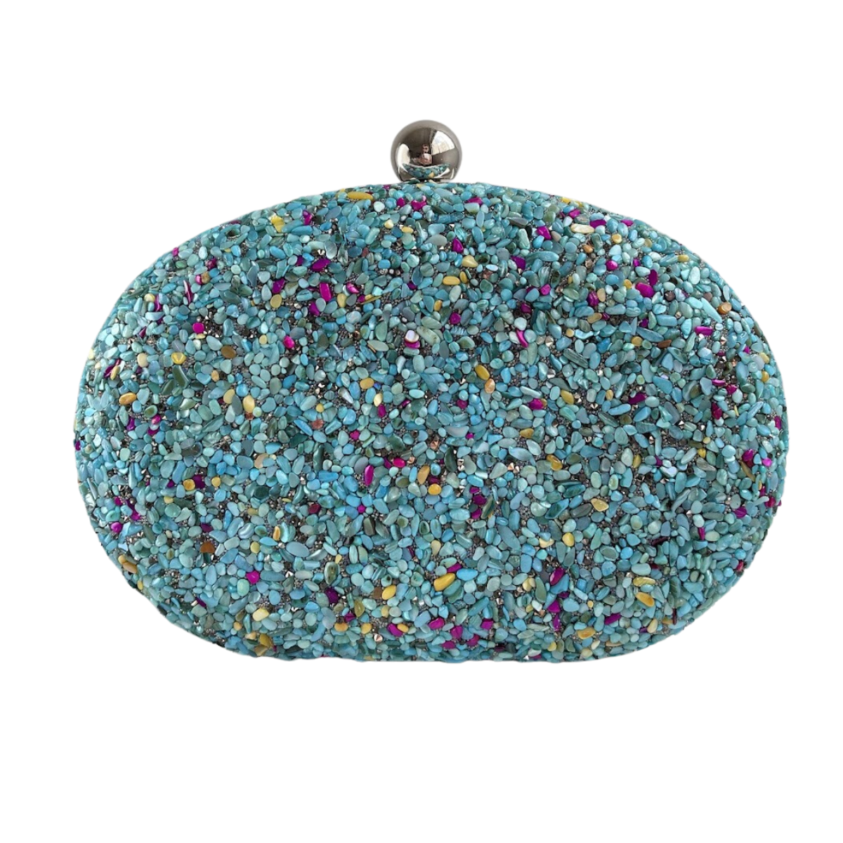 Bolsa Festa Clutch Pedraria Azul Turquesa Oval - Ferragem Prata