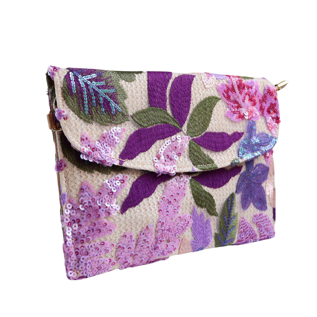 Bolsa Carteira Envelope de Bordada Paetê Floral Lilás
