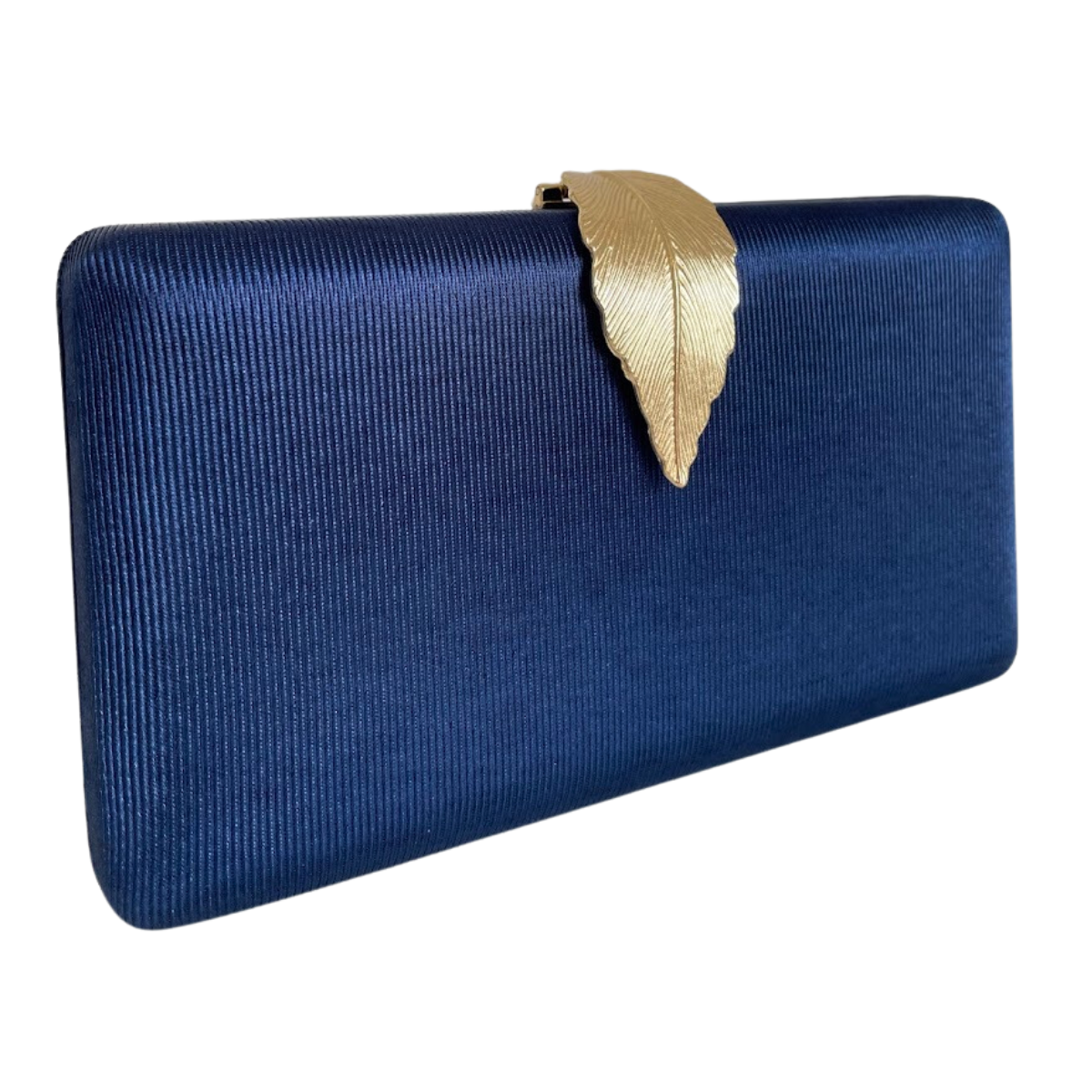 Bolsa Clutch Festa Tecido Fecho de Folha Azul Marinho