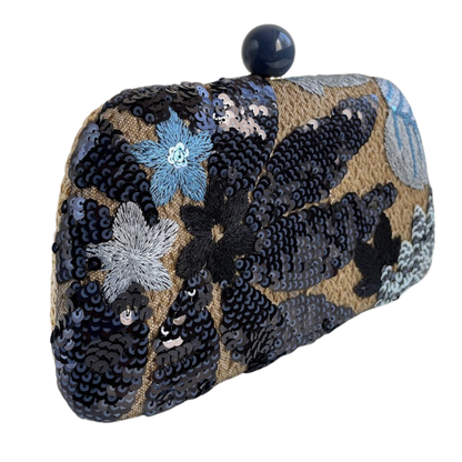 Bolsa Clutch Festa Palha Bordada Flores Azul Marinho