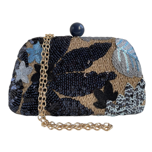 Bolsa Clutch Festa Palha Bordada Flores Azul Marinho