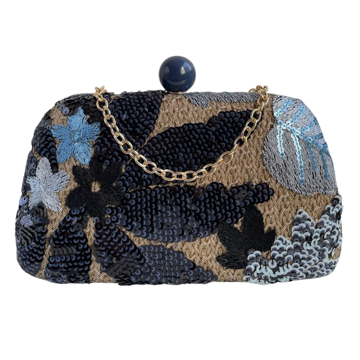 Bolsa Clutch Festa Palha Bordada Flores Azul Marinho