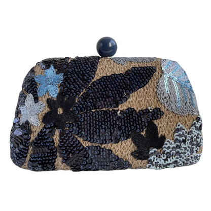 Bolsa Clutch Festa Palha Bordada Flores Azul Marinho