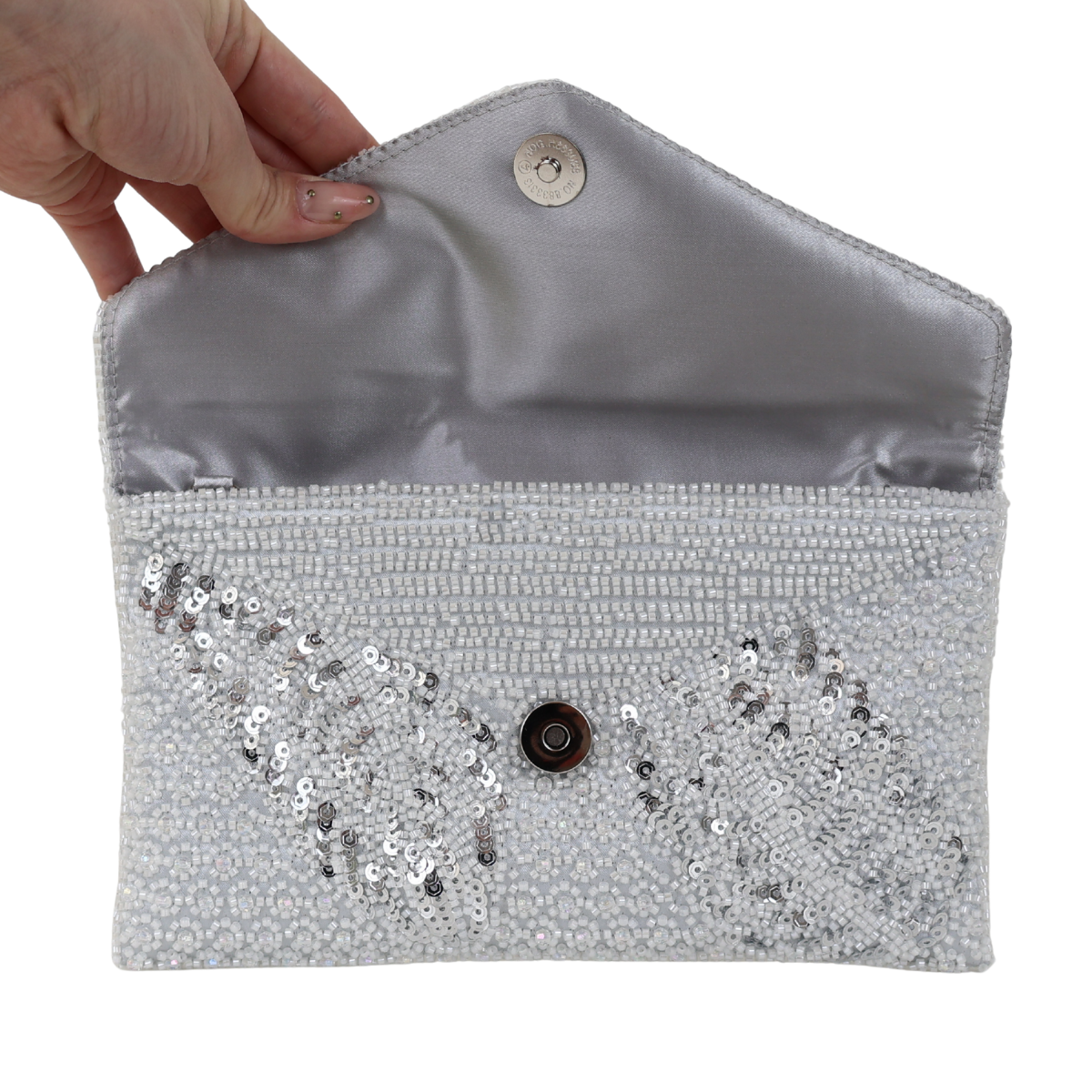 Bolsa Carteira Envelope de Bordada Vidrilhos Prata