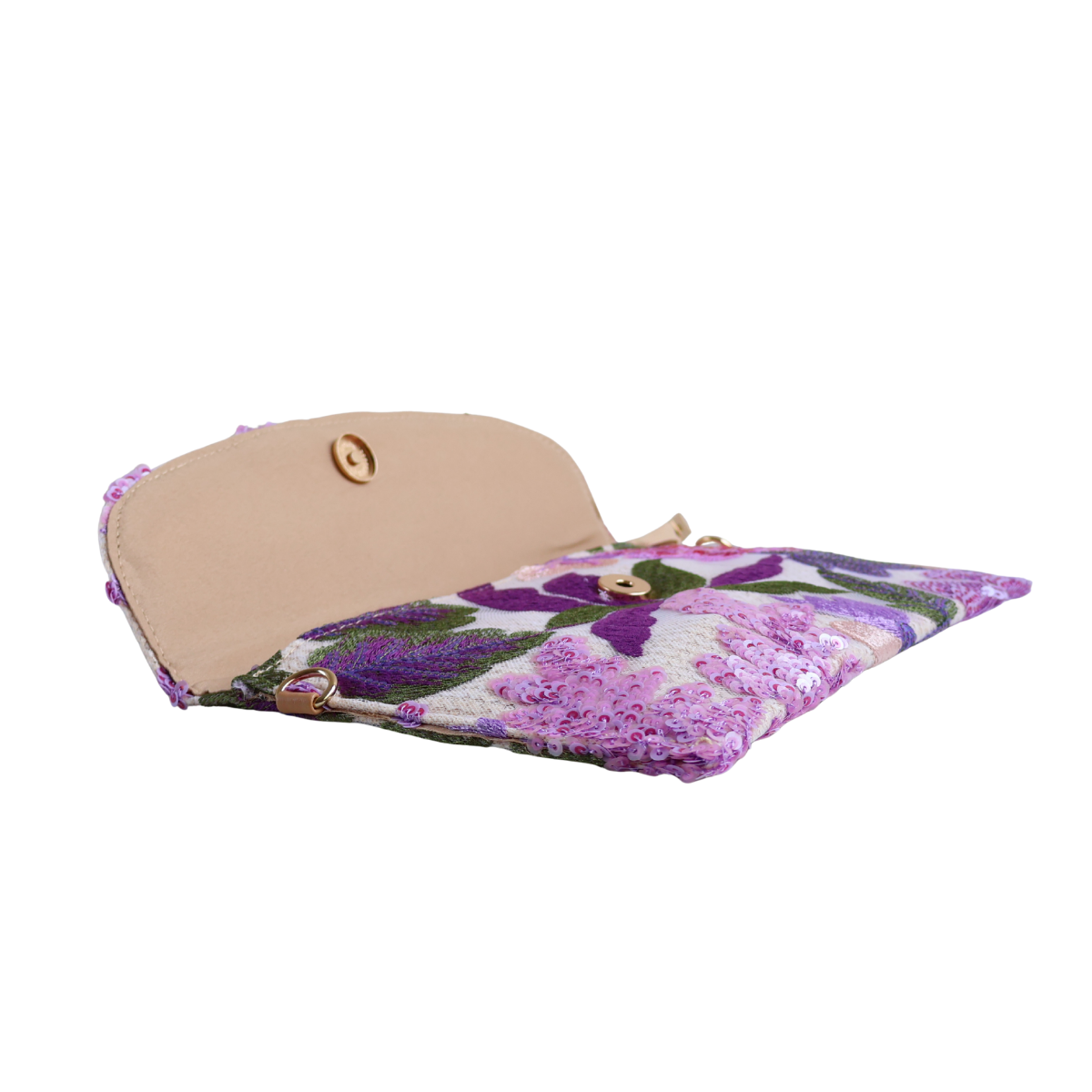 Bolsa Carteira Envelope de Bordada Paetê Floral Lilás