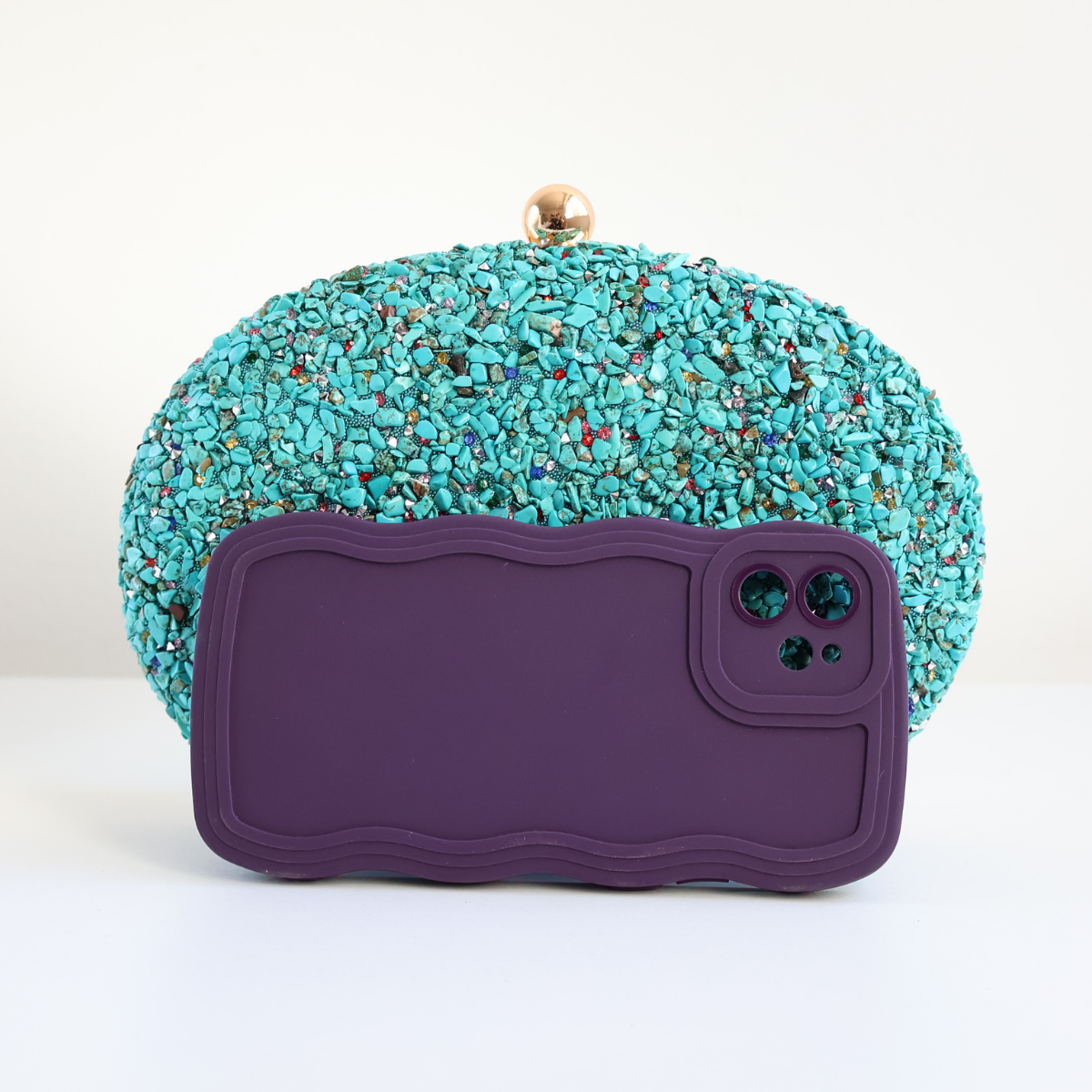 Bolsa Festa Clutch Pedraria Oval Azul Turquesa