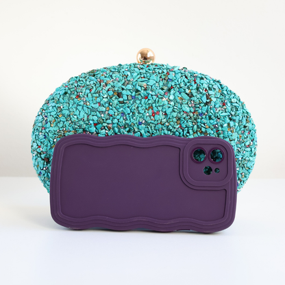 Bolsa Festa Clutch Pedraria Oval Azul Turquesa