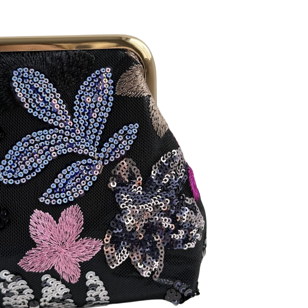 Bolsa Pouch Festa Clutch Flores Bordadas Preta