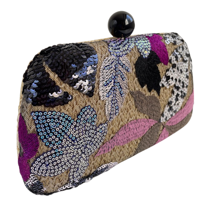 Bolsa Clutch Festa Palha Bordada Flores Preto Rosa