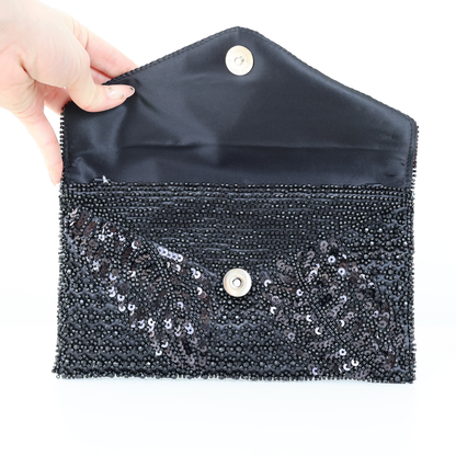 Bolsa Carteira Envelope de Bordada Vidrilhos Preta