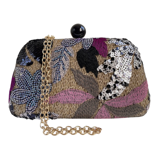 Bolsa Clutch Festa Palha Bordada Flores Preto Rosa