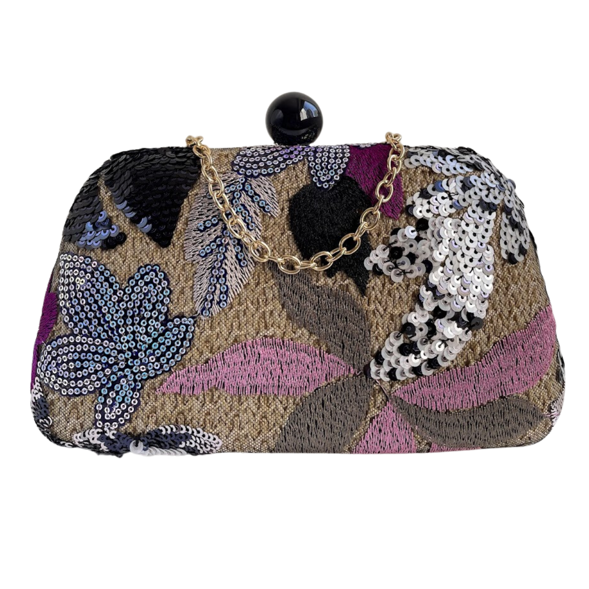 Bolsa Clutch Festa Palha Bordada Flores Preto Rosa