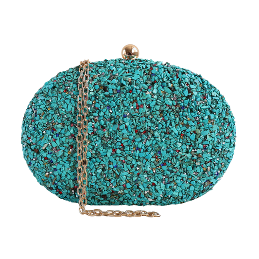 Bolsa Festa Clutch Pedraria Oval Azul Turquesa